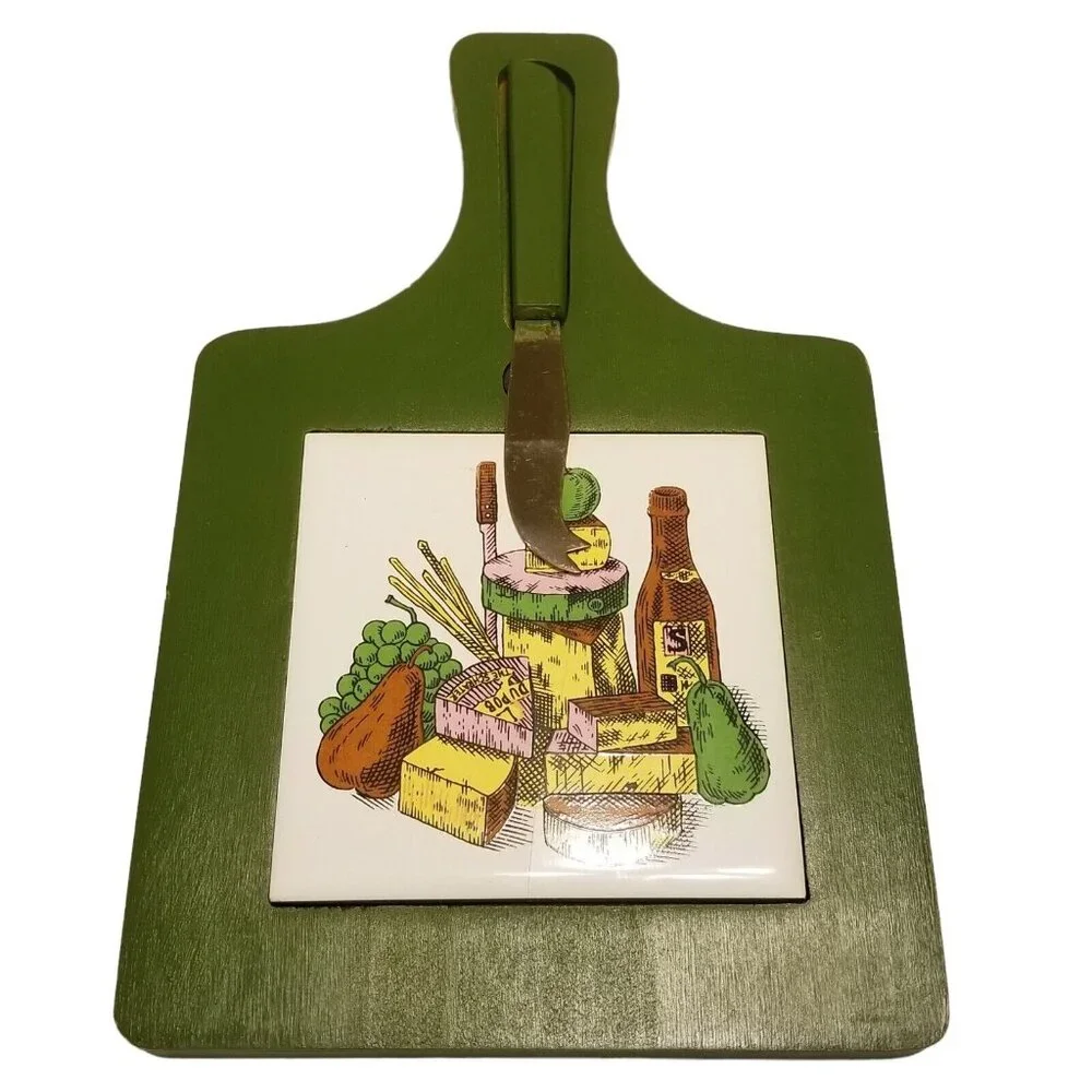 Cheese Board Vintage 70s Wood Ceramic Trivet‎ Cutting Avocado Green Knife